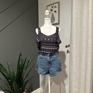 Sanctuary Boho Black Maroon and White Patterned Top